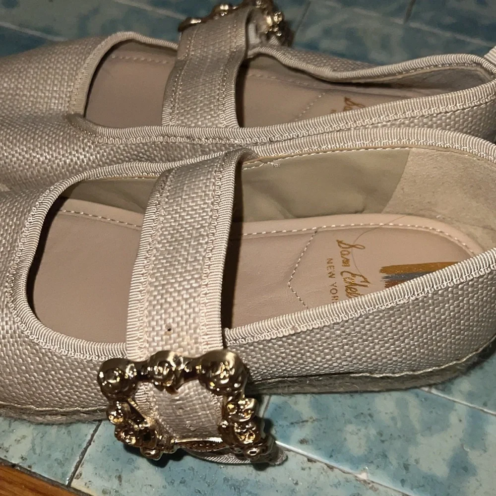 Sam Edelman Cream Espadrille Mary Jane Flats with Gold Buckle
